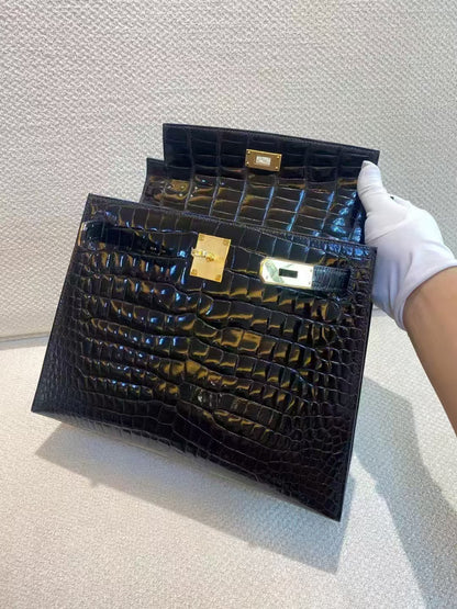 Hermes Kelly 25 Embossed Cowhide Leather In Crocodile Print Black - Pre-Owned Authentic