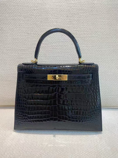 Hermes Kelly 25 Embossed Cowhide Leather In Crocodile Print Black - Pre-Owned Authentic