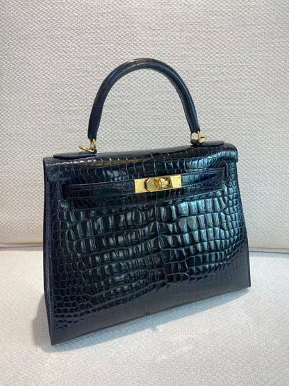 Hermes Kelly 25 Embossed Cowhide Leather In Crocodile Print Black - Pre-Owned Authentic