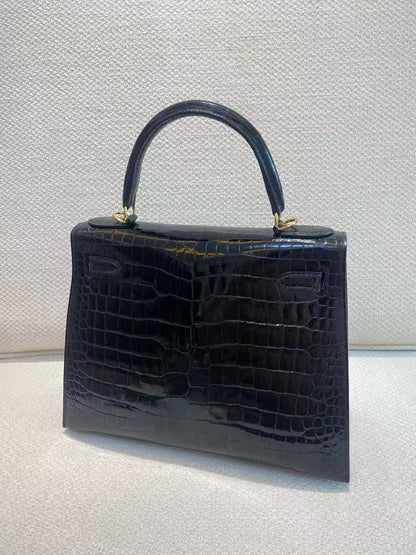 Hermes Kelly 25 Embossed Cowhide Leather In Crocodile Print Black - Pre-Owned Authentic