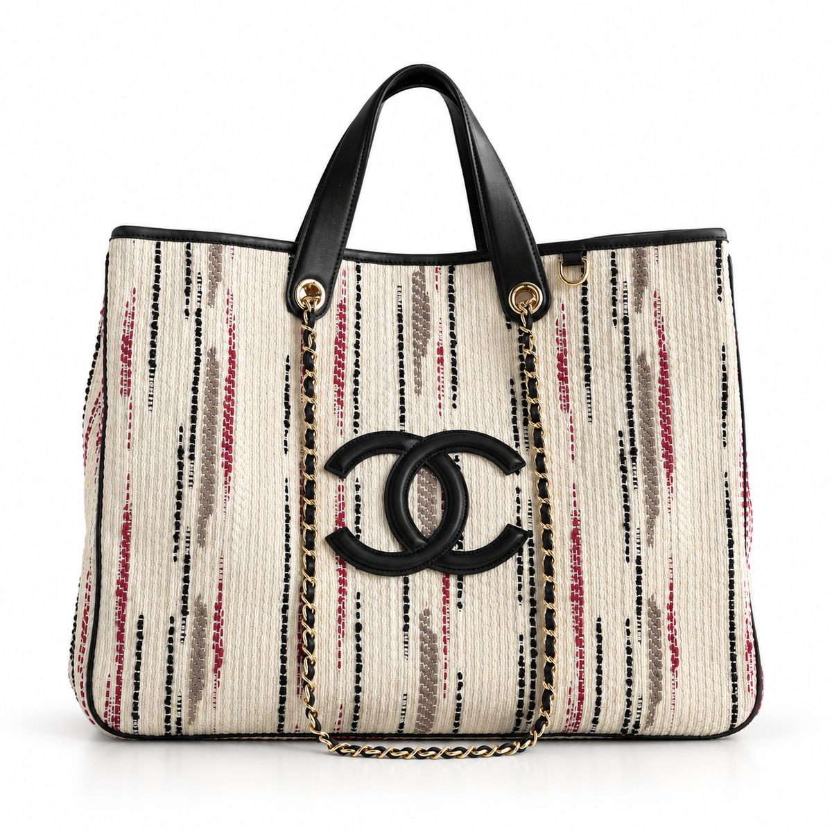 Chanel Large Shopping Bag – Ecru, Black, Beige, & Red | Pre-Owned Authentic
