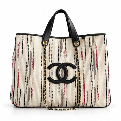 Chanel Large Shopping Bag – Ecru, Black, Beige, & Red | Pre-Owned Authentic