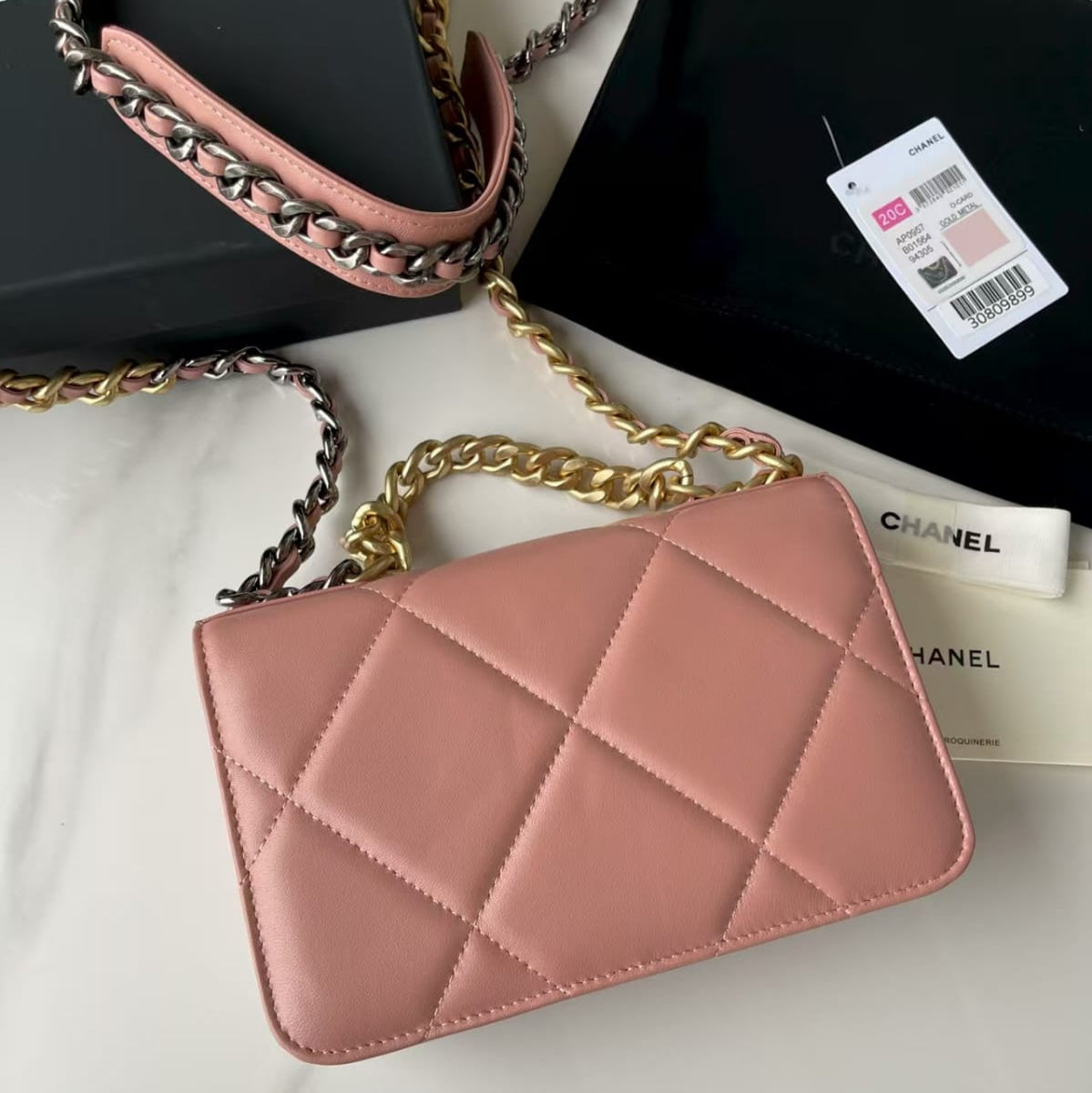 Pre-Owned Authentic Chanel 19 Lambskin Quilted Wallet on Chain  Pink