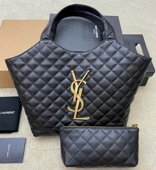 Pre-Owned Authentic YSL Icare Maxi Shopping Tote –Black Lambskin Quilted Leather