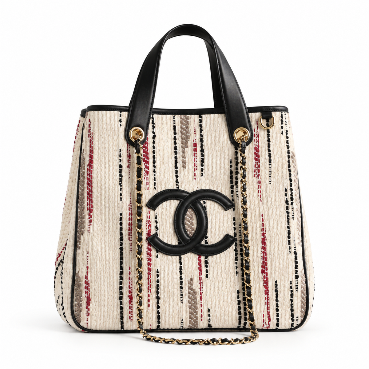 Chanel Small Shopping Bag – Ecru, Black, Beige, & Red  front view