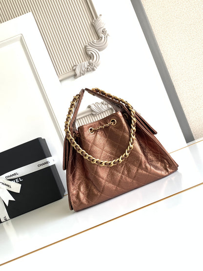 Pre-Owned Authentic Chanel 25 Small Hobo AS5311 – Bronze Metallic Calfskin back view