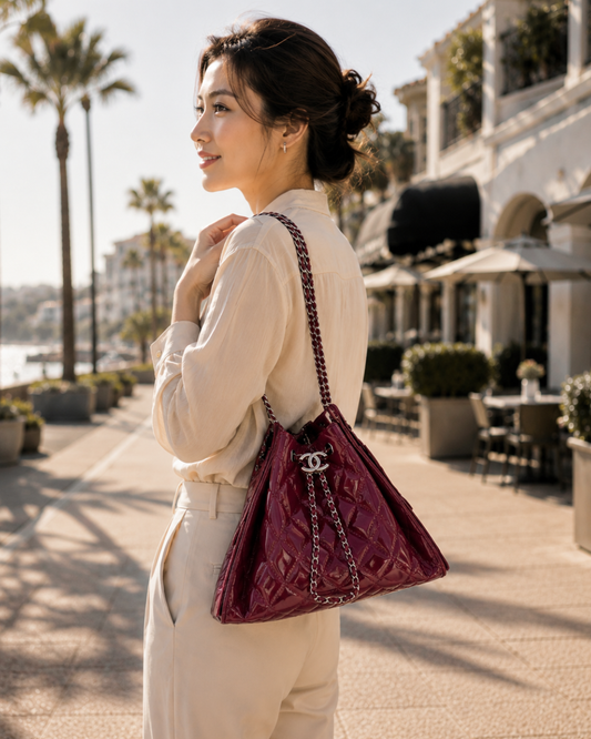 Pre-Owned Chanel 25 Small Hobo in Burgundy Calfskin Lifestyle