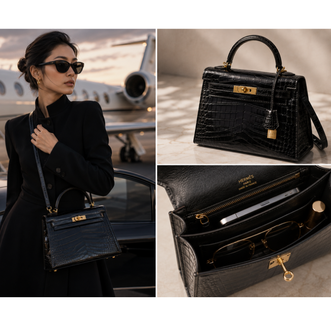 Pre-Owned Authentic Hermes Kelly 25 Embossed Cowhide Leather In Crocodile Print Black