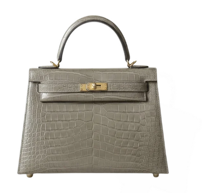 Pre-Owned Authentic Hermes Kelly 25 Embossed Cowhide Leather In Crocodile Print Grey
