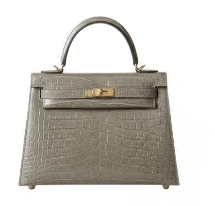 Pre-Owned Authentic Hermes Kelly 25 Embossed Cowhide Leather In Crocodile Print Grey