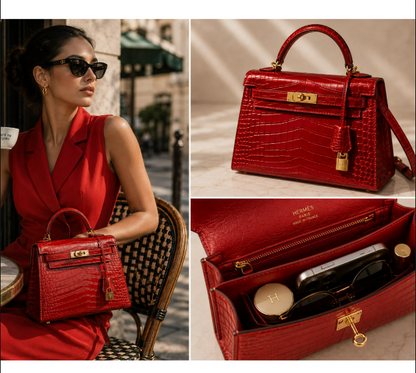 Pre-Owned Authentic Hermes Kelly 25 Red Real Crocodile