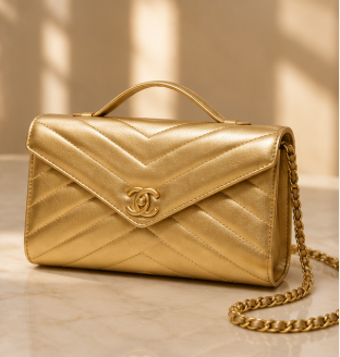 Pre-Owned Authentic Chanel Chevron Wallet on Chain  Gold