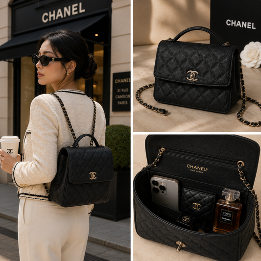 Pre-Owned Authentic Chanel Chain Backpack Medium, Grained Calfskin