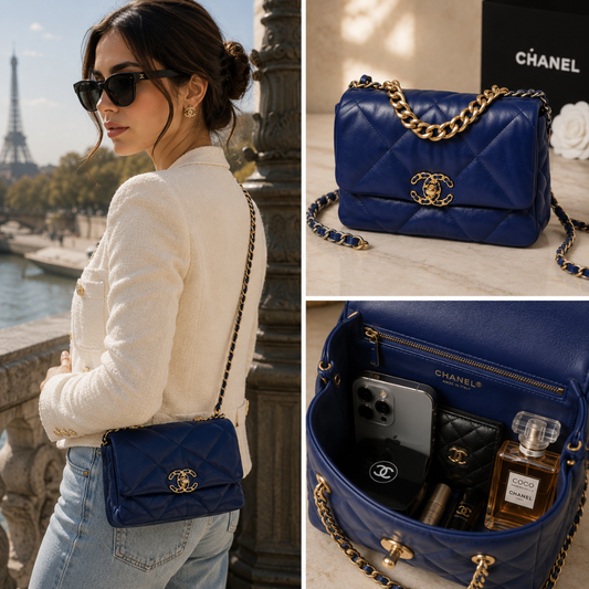 Pre-Owned Authentic Chanel 19   Dark Blue Goatskin