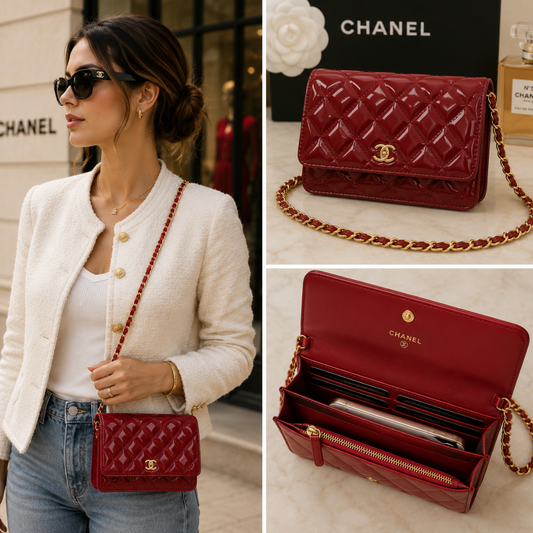 Pre OwnedChanel Quilted Patent Wallet on Chain