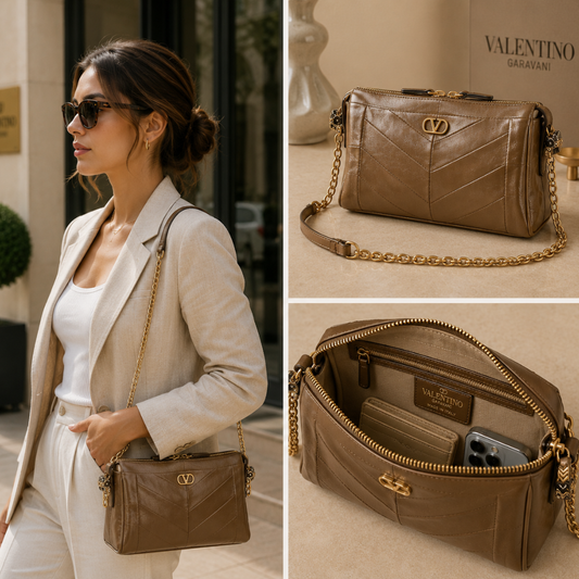 Pre-Owned Authentic -Valentino Garavani Panthea Small Shoulder Bag In Nappa Leather With A Chevron Pattern
