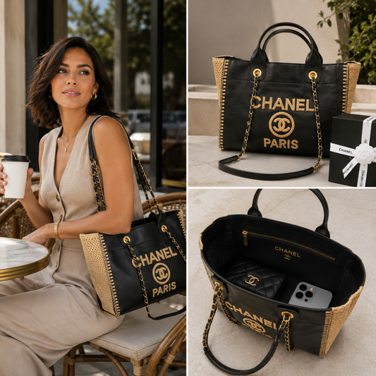 Pre-Owned Authentic - Chanel Deauville Tote in  Black & Biege