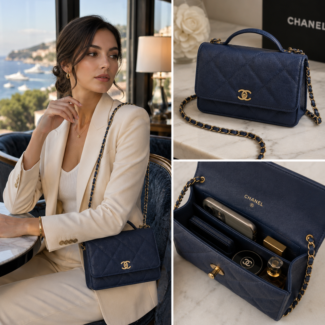 Pre-Owned Authentic - VChanel Top Handle Wallet On Chain (WOC) Blue