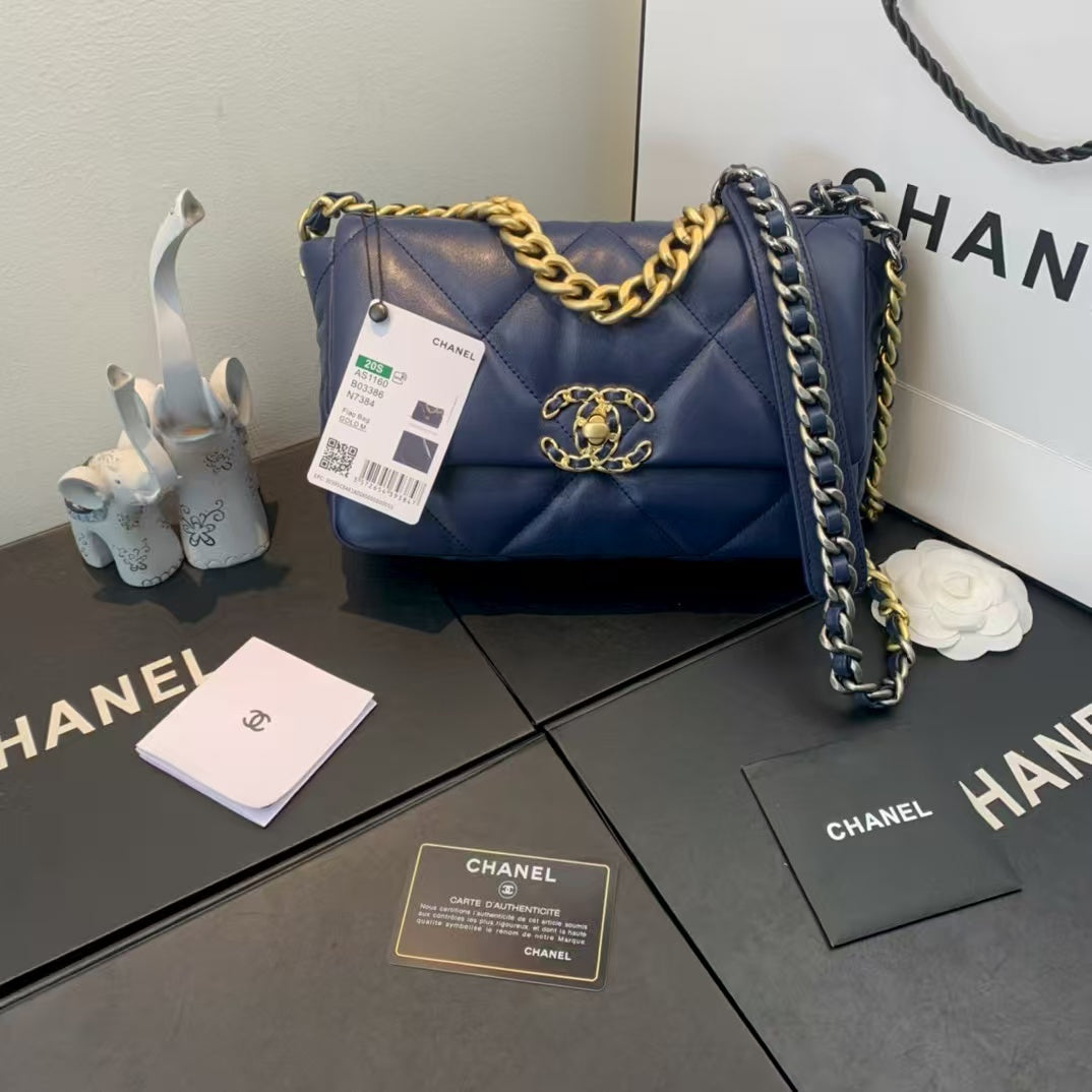 Pre-Owned Authentic Chanel 19 Large Flap Bag  Dark Blue Goatskin