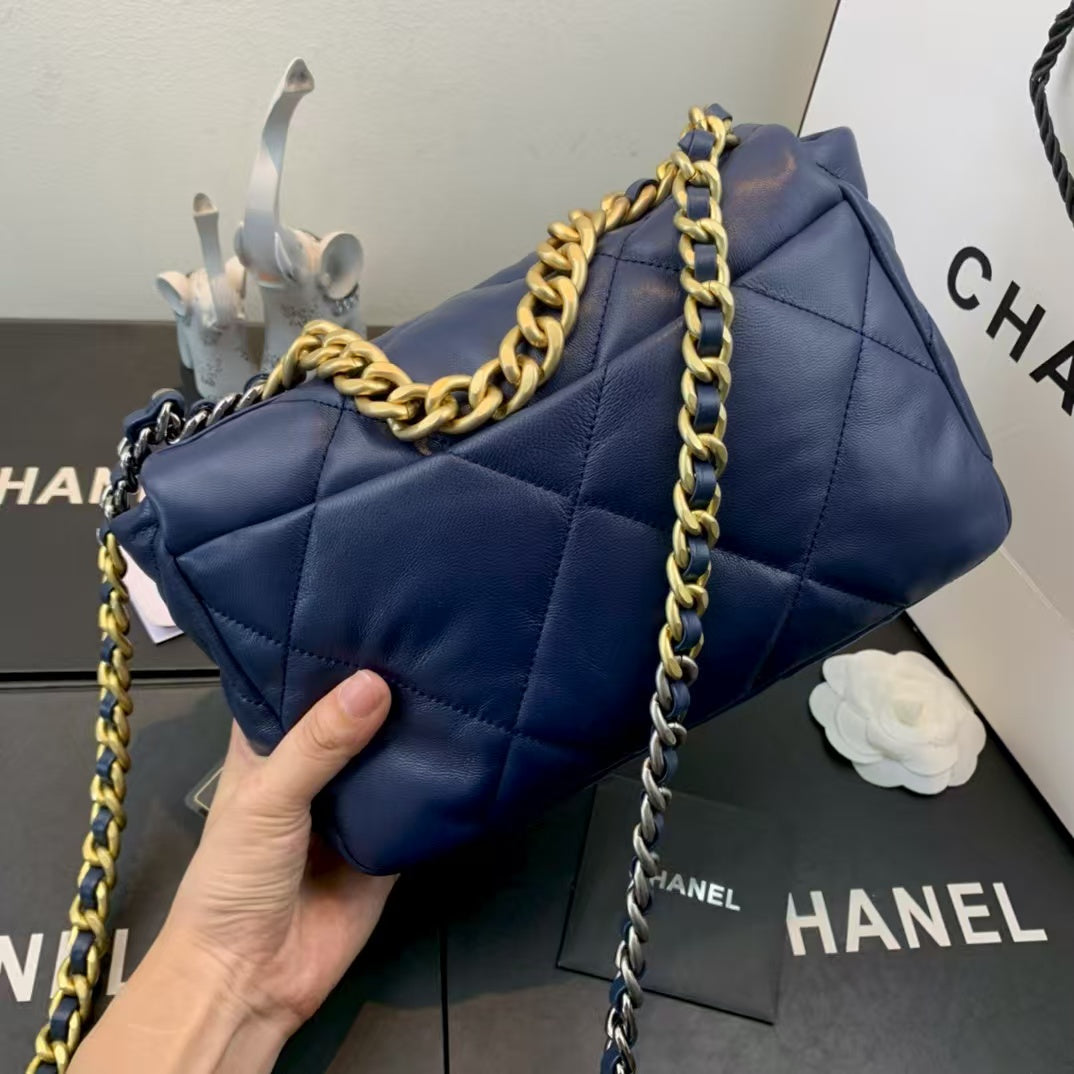 Pre-Owned Authentic Chanel 19 Large Flap Bag  Dark Blue Goatskin