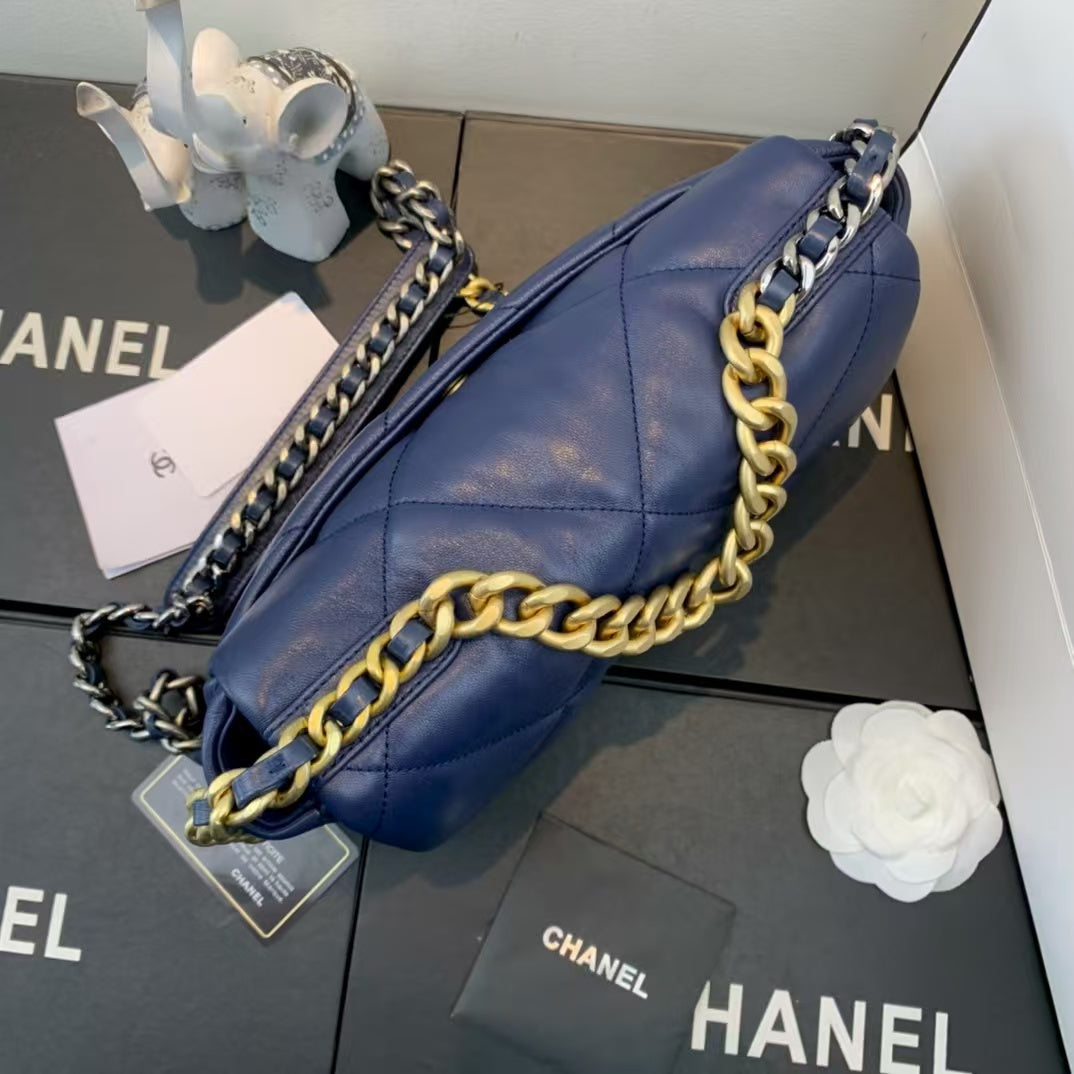 Pre-Owned Authentic Chanel 19 Large Flap Bag  Dark Blue Goatskin