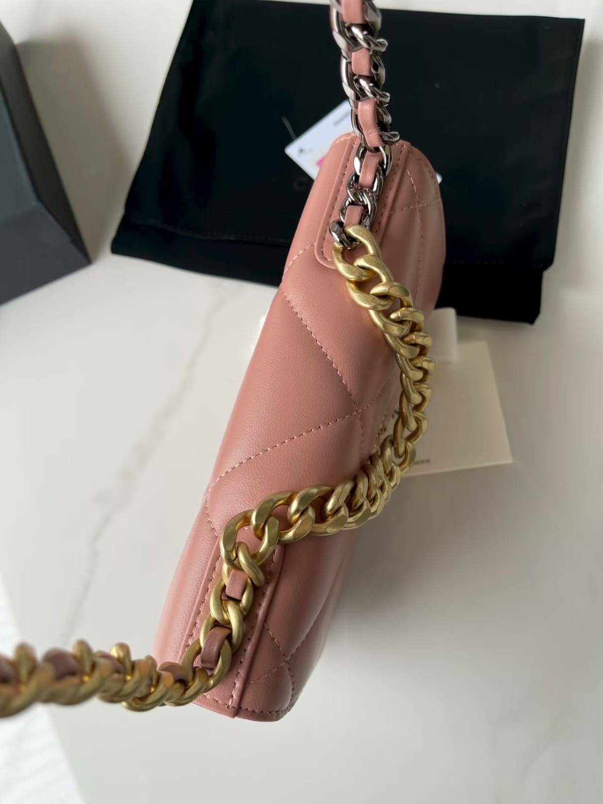 Pre-Owned Authentic Chanel 19 Lambskin Quilted Wallet on Chain  Pink