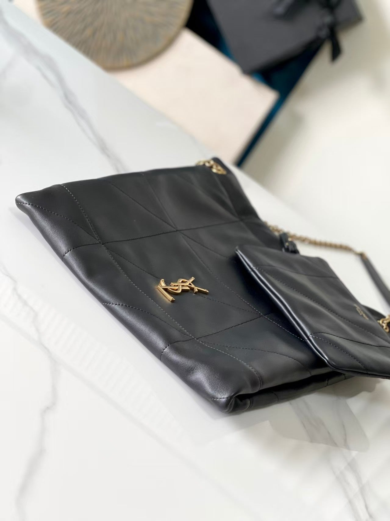 Pre-Owned Authentic YSL Pochon Lambskin Leather Shoulder Black Bag