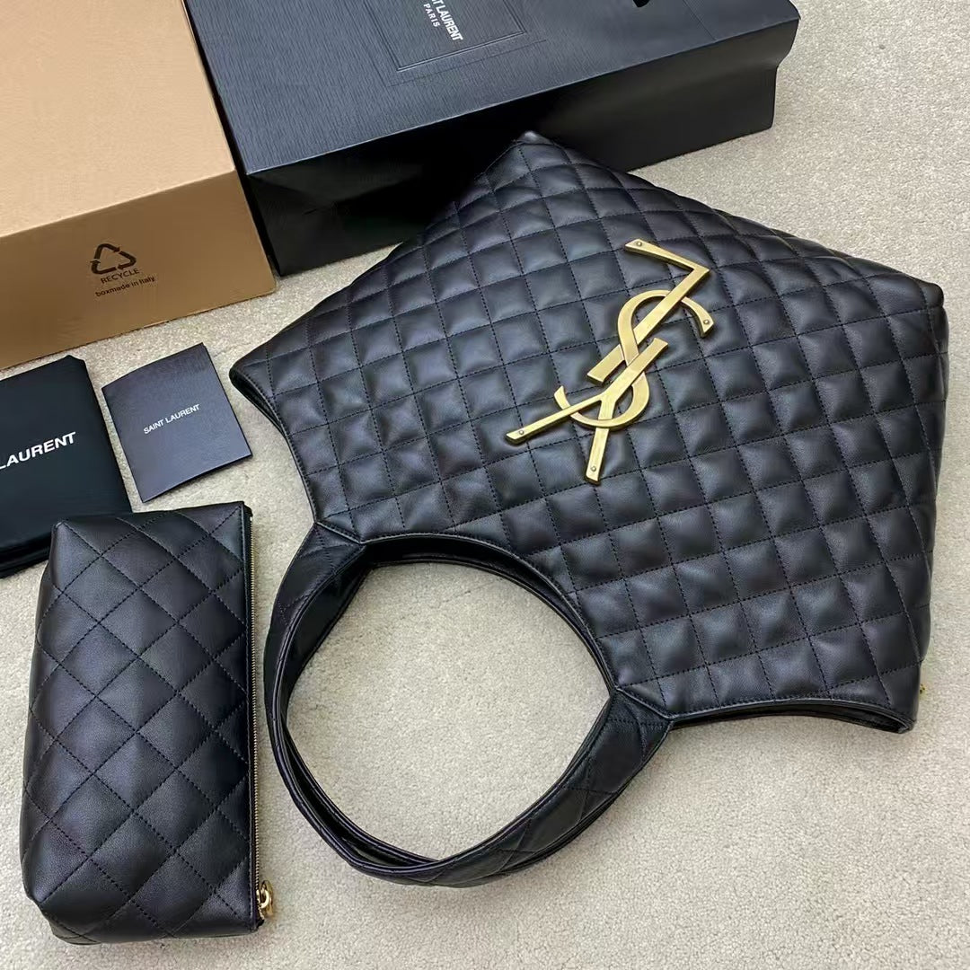 Pre-Owned Authentic YSL Icare Maxi Shopping Tote –Black Lambskin Quilted Leather