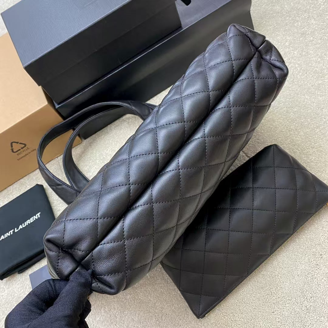 Pre-Owned Authentic YSL Icare Maxi Shopping Tote –Black Lambskin Quilted Leather