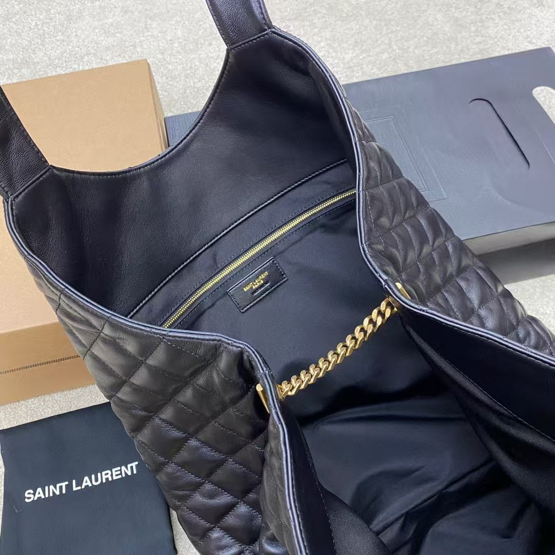 Pre-Owned Authentic YSL Icare Maxi Shopping Tote –Black Lambskin Quilted Leather