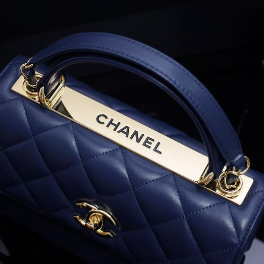 Pre-Owned Authentic 25cm Chanel Trendy Large Bag Navy Blue