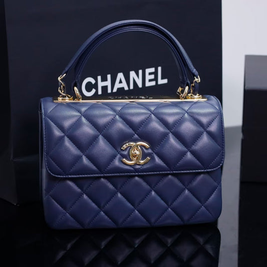 Pre-Owned Authentic 25cm Chanel Trendy Large Bag Navy Blue