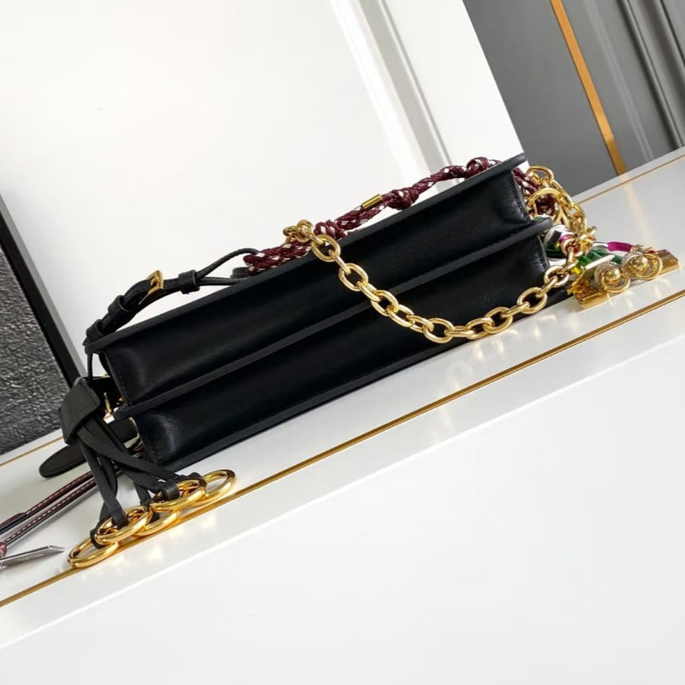 Pre-Owned Authentic Prada Calfskin Soft Sound Charms Shoulder Bag in Black