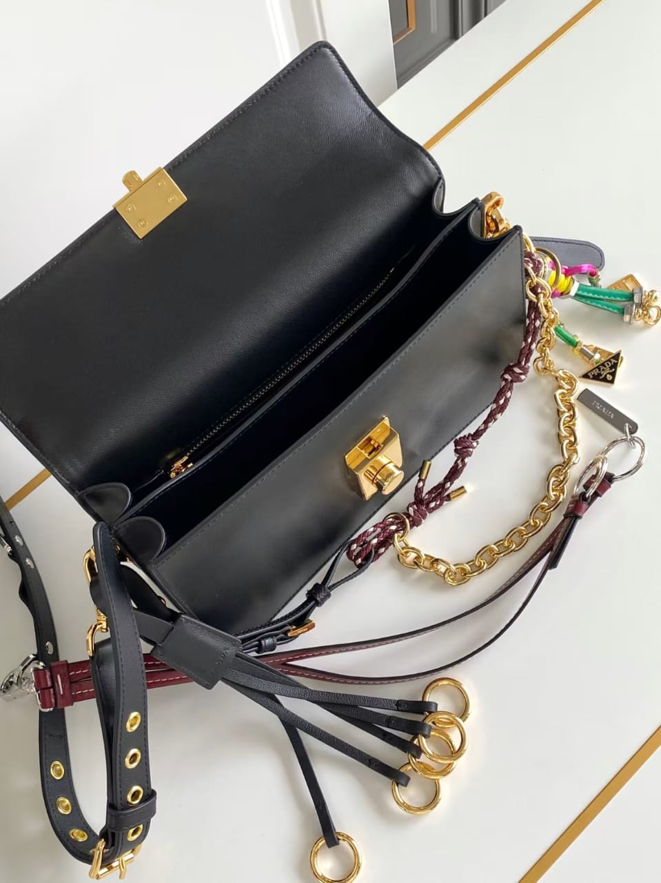 Pre-Owned Authentic Prada Calfskin Soft Sound Charms Shoulder Bag in Black