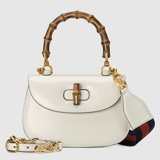 Gucci Bamboo 1947 Small Bag White Leather with Bamboo Handle Pre-Owned Authentic