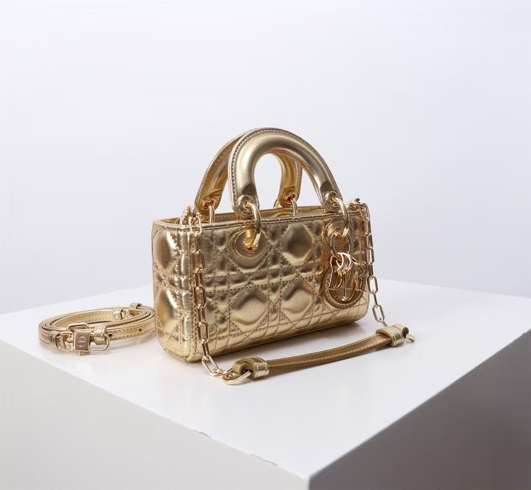 Dior Micro Lady D-Joy Bag  Metallic Gold Lambskin Cannage  Pre-Owned Authentic
