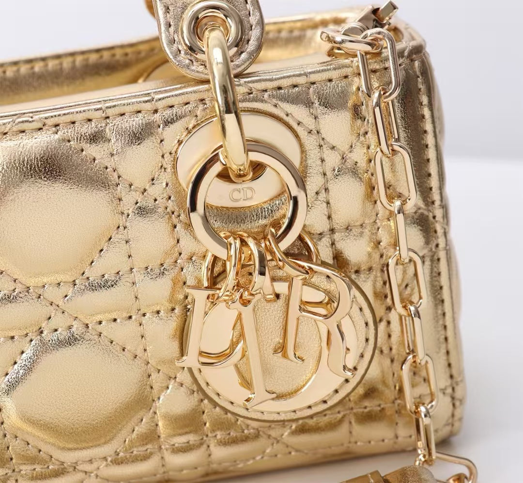 Dior Micro Lady D-Joy Bag  Metallic Gold Lambskin Cannage  Pre-Owned Authentic