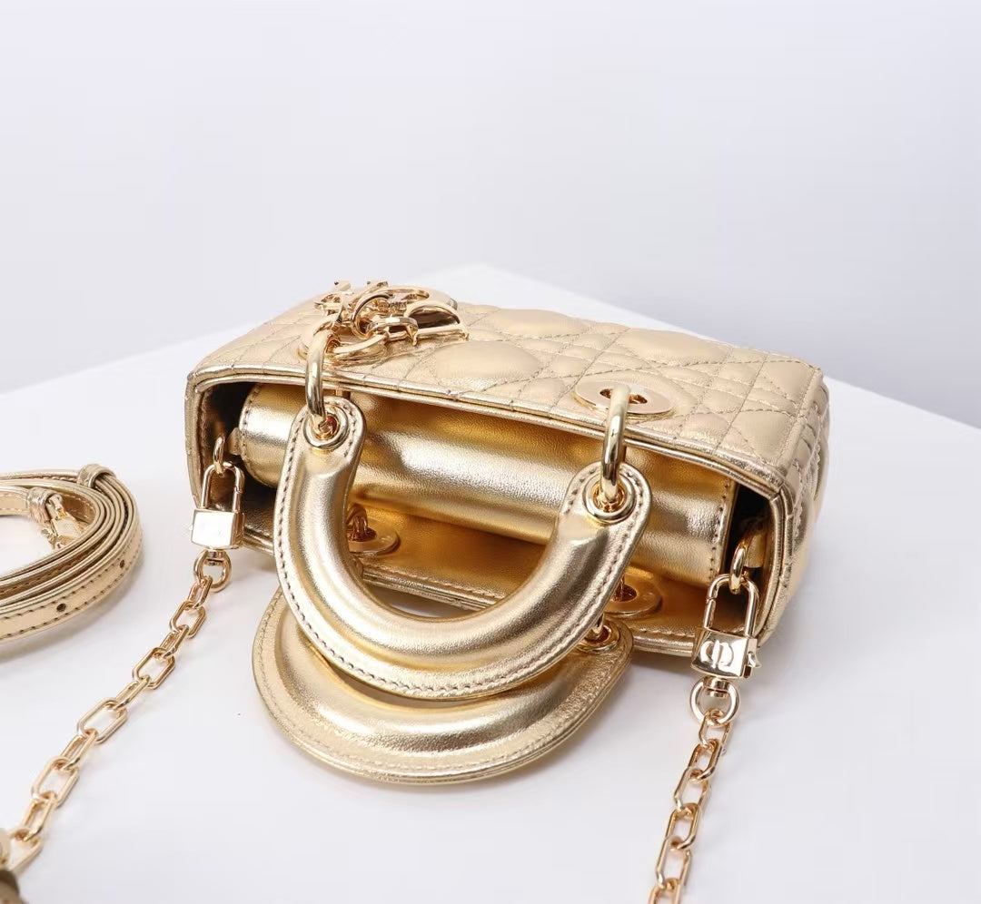 Dior Micro Lady D-Joy Bag  Metallic Gold Lambskin Cannage  Pre-Owned Authentic