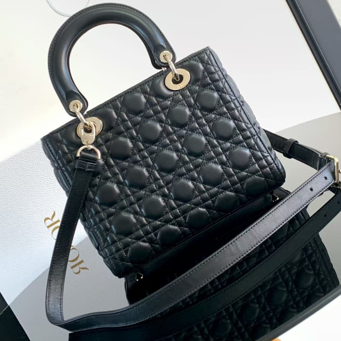 Dior Lady Dior Medium Bag – Black Cannage Lambskin with Pale Gold Hardware – Pre-Owned Authentic