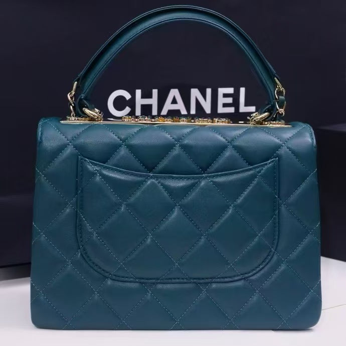 Pre-Owned Authentic 25cm Chanel Trendy Large Bag Dark Green with Crystals