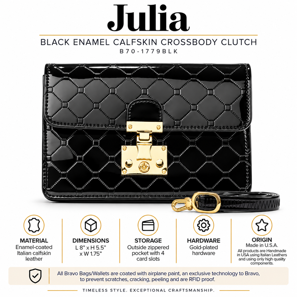 Julia Black Enamel Calfskin Crossbody Clutch B70-1779BLK