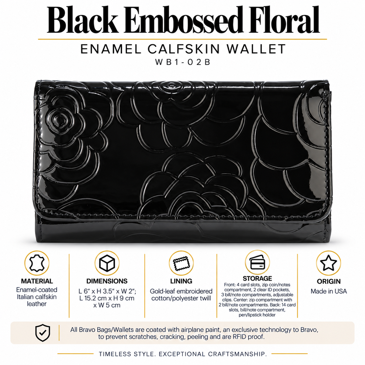 Black Embossed Floral Enamel Calfskin Medium Wallet WB1-02B