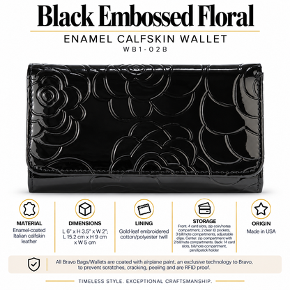Black Embossed Floral Enamel Calfskin Medium Wallet WB1-02B