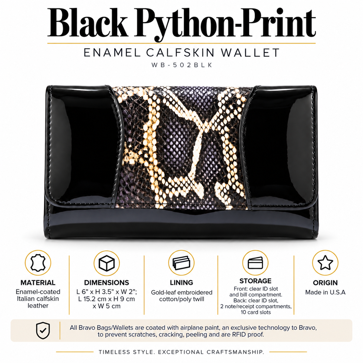 Black Python-Print Enamel Calfskin Medium Wallet WB-502BLK