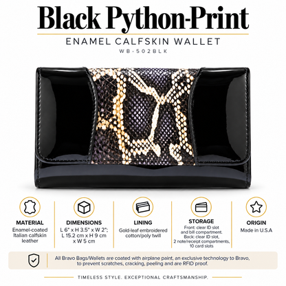 Black Python-Print Enamel Calfskin Medium Wallet WB-502BLK