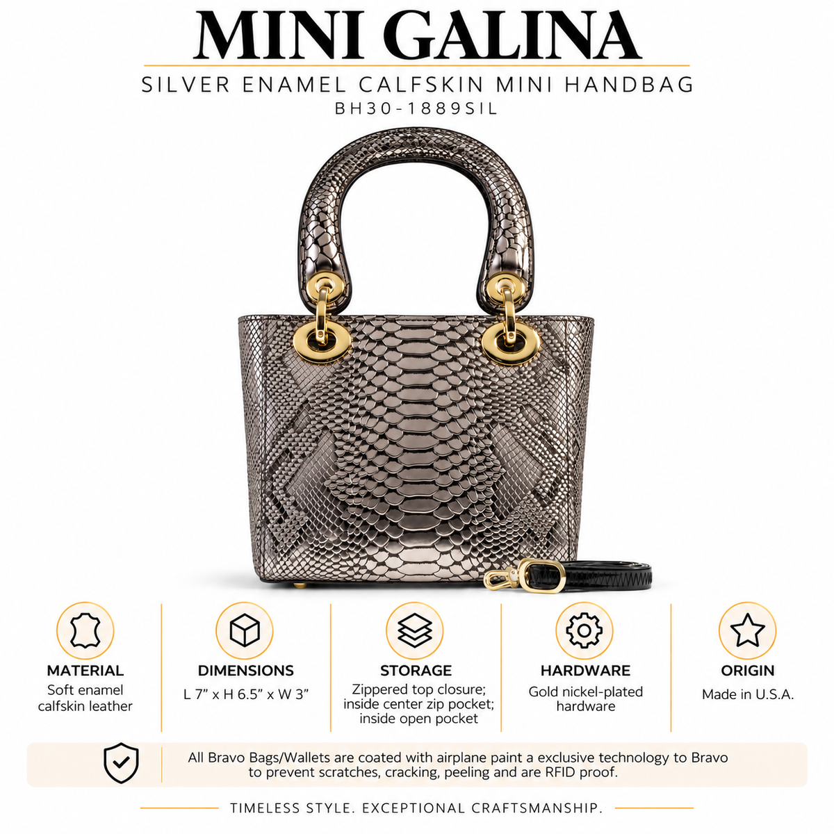 Mini Galina Silver Enamel Calfskin Mini Handbag BH30-1889SIL