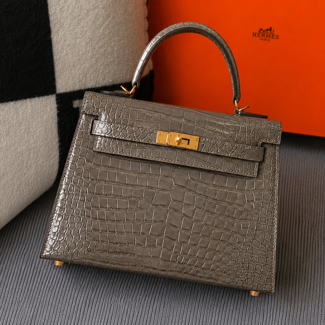 Hermes Kelly 25 Embossed Cowhide Leather In Crocodile Print Grey - Pre-Owned Authentic