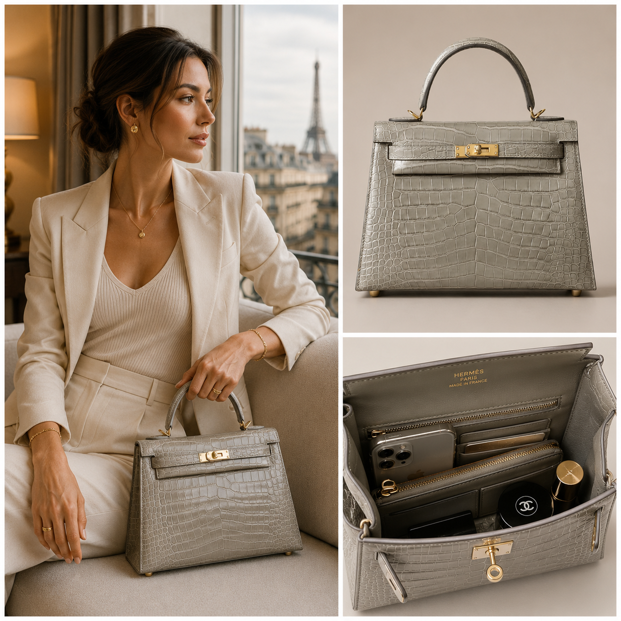 Pre-Owned Authentic Hermes Kelly 25 Embossed Cowhide Leather In Crocodile Print Grey