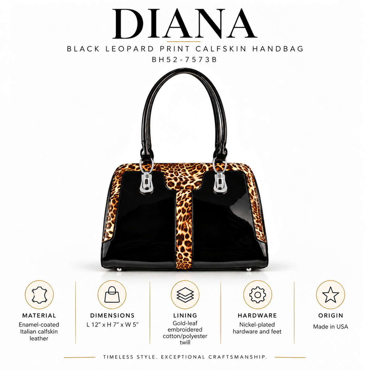 Diana Black Leopard Print Calfskin Handbag BH52-7573B