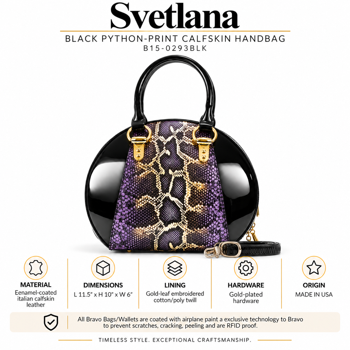 Svetlana Black Python-Print Calfskin Handbag B15-0293BLK infographics